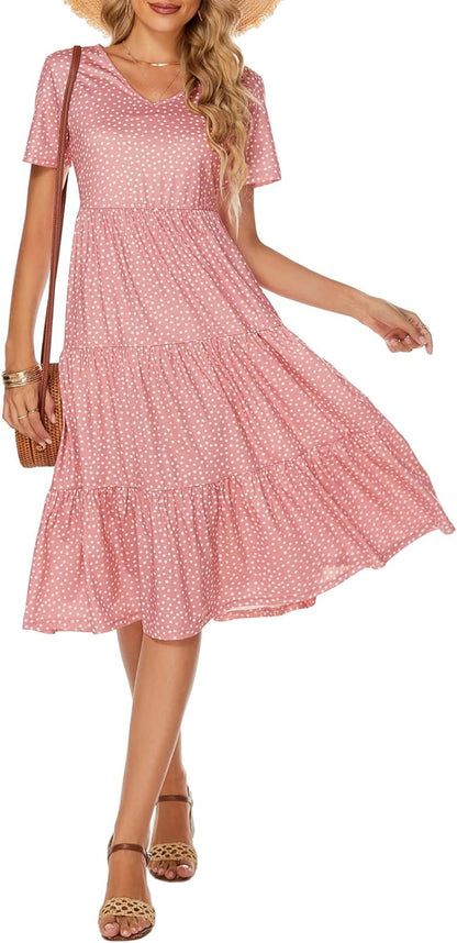Women'S Casual Summer Tiered Midi Dress 2025 Short Sleeve V-Neck Loose Cotton Ruffle Babydoll Dress Boho Sundress